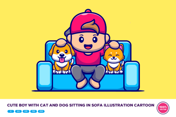 Cute Boy with Cat and Dog Sitting