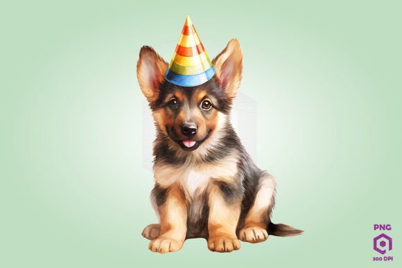 German Shepherd Dog in Birthday Hat